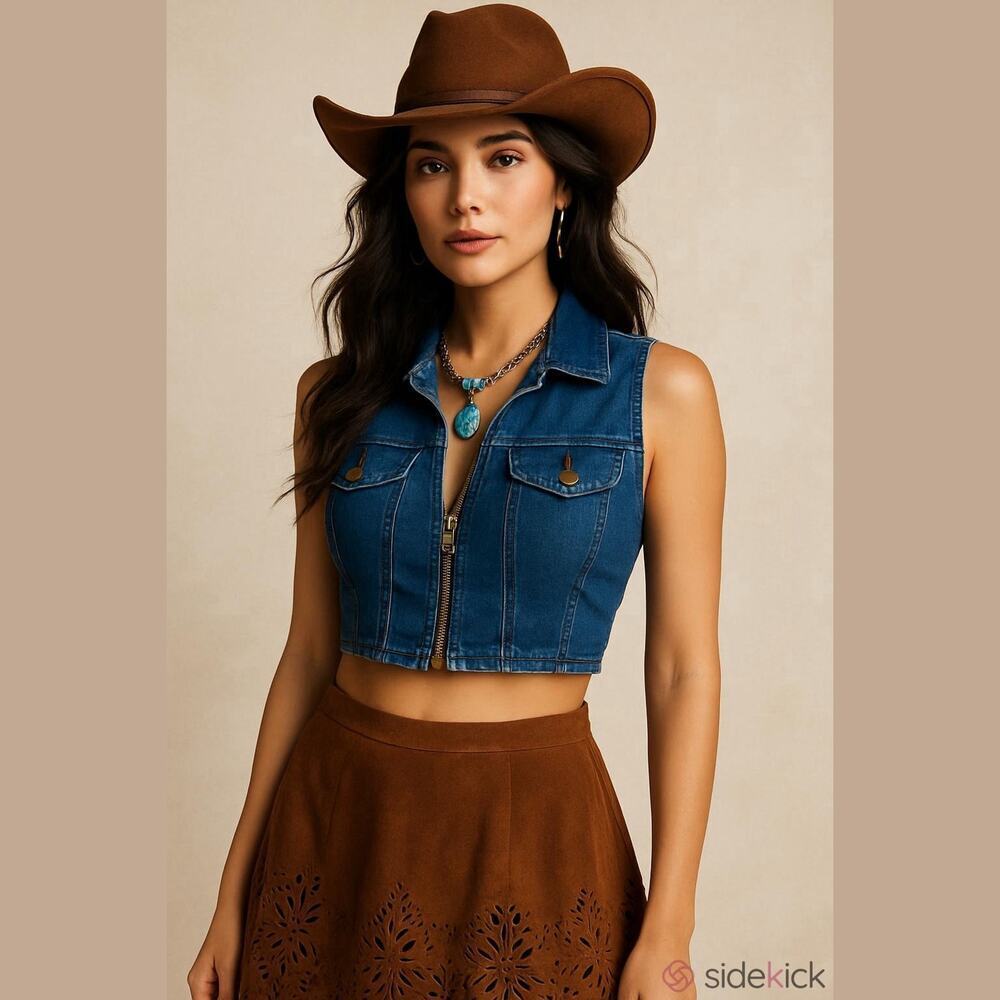 Good show Tickets Clothing Vintage cropped Denim Jean Vest 7/8 western boho zip - Picture 2 of 11